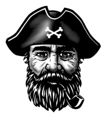 Pirate with a smoking pipe and a captains hat. Vector illustration.