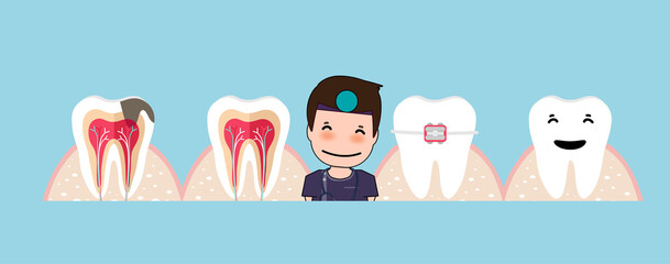Dentist and Human teeth. Dental care background. Vector illustration..