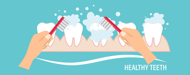 Brushing Teeth. Toothbrush hold in hand man. Dental care concept. Toothpaste bubbles foam. Oral hygiene. Vector illustration.