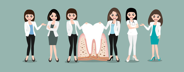 Obraz premium Dentist and Human teeth. Dental care background. Vector illustration.