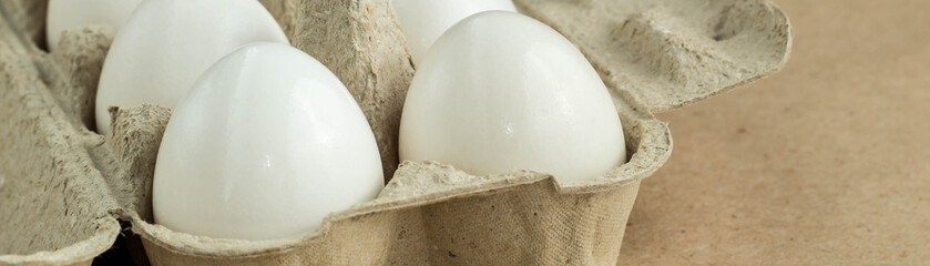 banner of Cardboard egg rack with eggs on rustic background with copy space