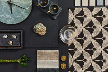 Flat lay composition of creative black architect moodboard with samples of building, textile and...