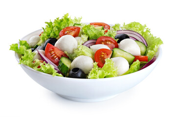 Salad with mozzarella cheese and fresh vegetables isolated on white background. With clipping path.