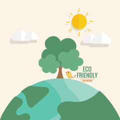 ECO FRIENDLY. Ecology concept with Green Eco Earth and Trees. Vector illustration.