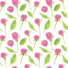 Watercolor pattern with hand painted flowers of roses or peonies and leaves. Floral botanical seamless background.
