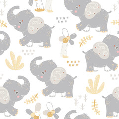 Seamless childish pattern with cute elephant.Scandinavian texture for fabric, nursery, baby shower, textile, wallpaper, wrapping paper. Kids tropical print.Animals in the jungle vector illustration