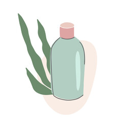 Cosmetic bottle with abstract floral background. Lotion or shower gel packaging template. Hand drawn vector illustration in simple cartoon style