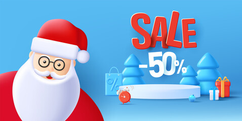 Sale banner with podium and Santa Claus, 3d composition with Christmas stuff and big volume typography