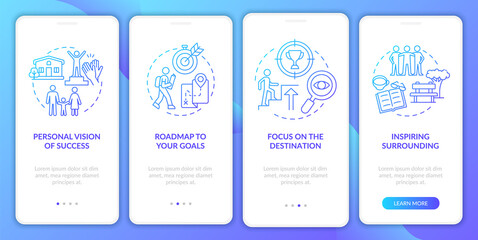 Happiness mindset component blue gradient onboarding mobile app page screen. Success walkthrough 4 steps graphic instructions with concepts. UI, UX, GUI vector template with linear color illustrations