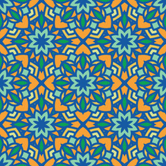 Abstract seamless mandala background. Texture in orange and blue colors. Oriental pattern for design, fashion print, scrapbooking