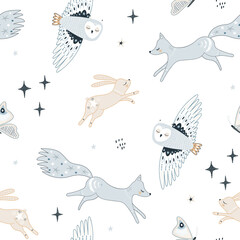 Seamless delicate hand drawn pattern with owl, bunny, fox, butterfly. Pastel vector texture. Great for fabric, textile, apparel