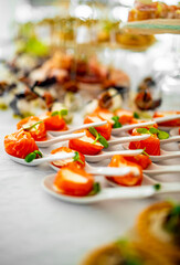salmon appetizers served with white spoons,including smoke salmon rolls and cheese. buffet or catering.