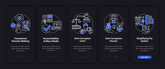 Anti corruption measures onboarding mobile app page screen. Transparency walkthrough 5 steps graphic instructions with concepts. UI, UX, GUI vector template with linear night mode illustrations - obrazy, fototapety, plakaty