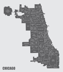 Chicago City administrative map - obrazy, fototapety, plakaty