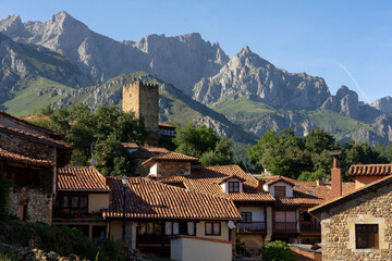 Fototapeta na wymiar View of the medieval village of Mogrovejo with the castle tower and the European Peaks in the background