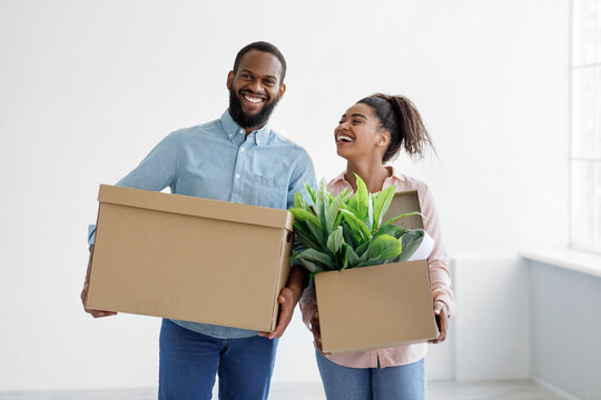 Happy young african american woman and guy carry cardboard boxes with belongings and plant in empty room