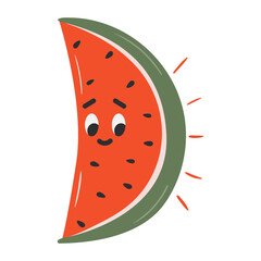 Cute and funny watermelon with happy face expression. Organic healthy food showing emotion. Kawaii doodle character smiling. Hand drawn fruit vector illustration