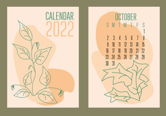  Vector vertical calendar 2022 with abstract sapes and plants in trendy contemporary collage style. Week starts on Sunday. Cover and page October in size A3, A4, A5. Design in pastel colors. EPS10.