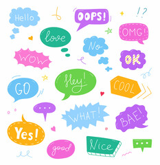 Set of hand drawn speech bubbles with text: Hello, Love, Ok, Wow, No, Oops. Vector illustration.