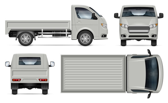 Small truck vector mockup on white background for vehicle branding, corporate identity. View from side, front, back, top. All elements in the groups on separate layers for easy editing and recolor
