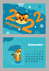 Vector horizontal calendar 2022 with symbol of the year tiger. Cute funny character little tiger. Week starts on Monday. A set of page September and cover in size A3, A4, A5. Colorful design. EPS10.