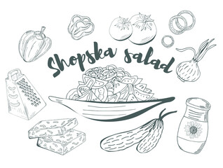 Shopska Salad served on plates with ingridients hand drawn with contour lines on white background
