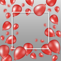 Red gradient blurred balloons different sizes on gradient gray background with white square frame. Black friday sales and social poster concept with copy space