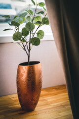 Bronze vase with a branch on the window.