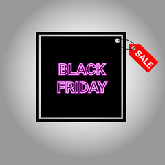 Black Friday. Black friday neon sign on square background. Glowing purple neon text in black frame for advertising and career growth. Banner and background, brochure and flyer design. Vector