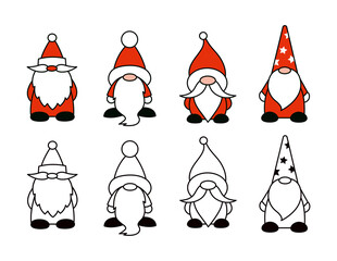 Santa Claus cartoon isolated illustrations. Christmas gnomes in traditional Santa Claus red costume. Vector set. Line and color characters