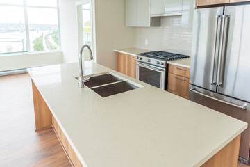 Modern, bright, clean empty kitchen interior with stainless steel appliances in a luxury house.