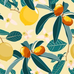 Art floral seamless pattern. Pomegranate tree with lemons and blue leaves. Red pomegranates with leaves isolated on a yellow background.