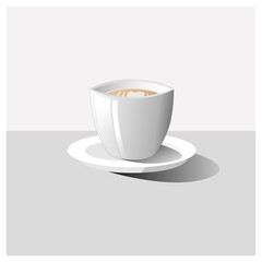 White realistic cup of coffee or tea with saucer. Realistic Style. Decorative Design for Cafeteria, Posters, Banners, Cards.