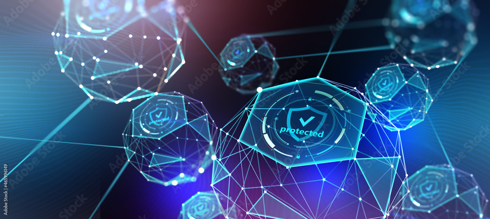 Poster Cyber technology, data protection, secure connection. Network structure of global databases. 3d illustration of polygonal elements on techno background