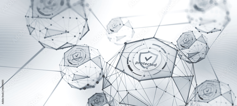 Poster Cyber technology, data protection, secure connection. Network structure of global databases. 3d illustration of polygonal elements on techno background