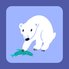 Polar bear with fish in its paw. Stylized drawing in flat style. Vector hand drawn illustration. 