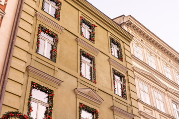 Christmas decoration on window on the street.