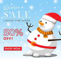 Christmas sale 50 percent off square poster for social media promotion with cute snowman