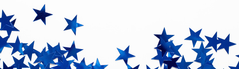 banner of Christmas border with blue star confetti. Holiday background for New Year on white