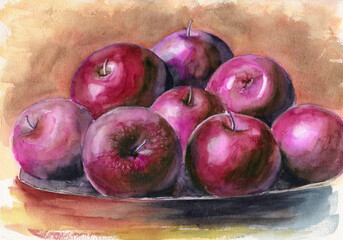 Watercolor picture of some red apples in a clay bowl
