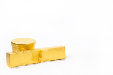 Horizontal christmas decoration on white background and snow