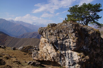Naklejka premium Mountain view on a clear autumn day. Mountains in Ingushetia. Landscape in the mountains in autumn. Rocks and trees in a mountainous area. 