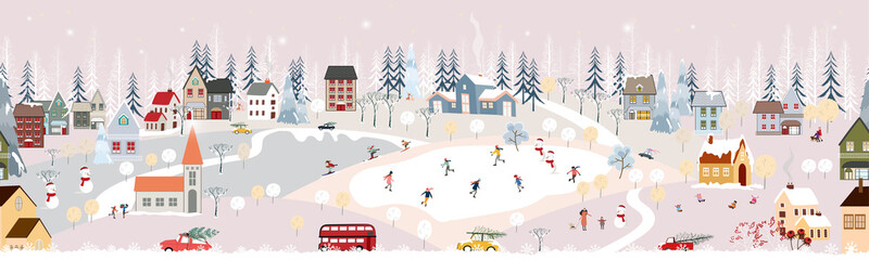 Seamless pattern Winter landscape,Celebrating Christmas and new Year 2022  in village at night with happy people playing ice skate in the park,Vector horizontal banner winter wonderland in countryside