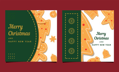 Merry christmas and happy new year greeting card with gingerbread cookie