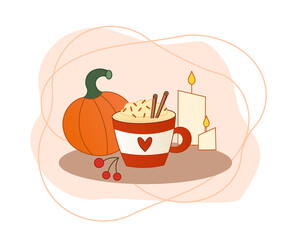 Mug with coffee, autumn hot drink with cinnamon, orange pumpkin, burning candles, autumn berries, illustration in flat style