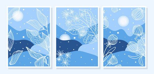 Winter set of abstract floral backgrounds for social media stories and poster in blue tones with snowflakes and sun, can be use for event invitation, card design, ad. Vector illustration