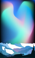 Snow mountain peak landscape for banner, web site, social media. Vector Illustration with winter snowy night beautiful scenery, northern lights, beautiful forest