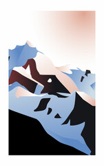 Sunset snowy peak muntain landscape. Winter mountain top vector illustration.	