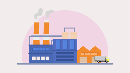 illustration of a flat industrial factory building vector with truck included