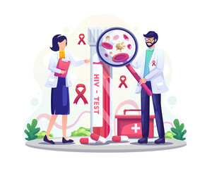 Medical workers with an HIV test tube are researching AIDS Blood on World AIDS day Flat Vector Illustration